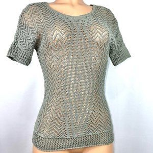 Chico's Womens Sz 0 (S) Olive Green Crochet Knit Open Weave Short Sleeve Shirt